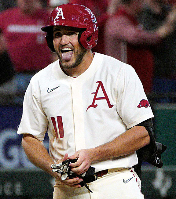 Arkansas outfield Jared Wegner gets excited during the College Baseball Showdown.